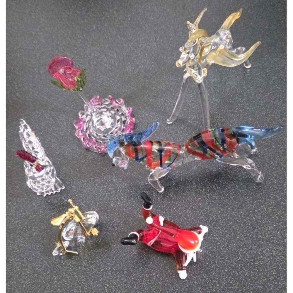 6pc Vintage Small Mini Glass Crystal Animals Figures Flower‎ Chicken Santa Bike